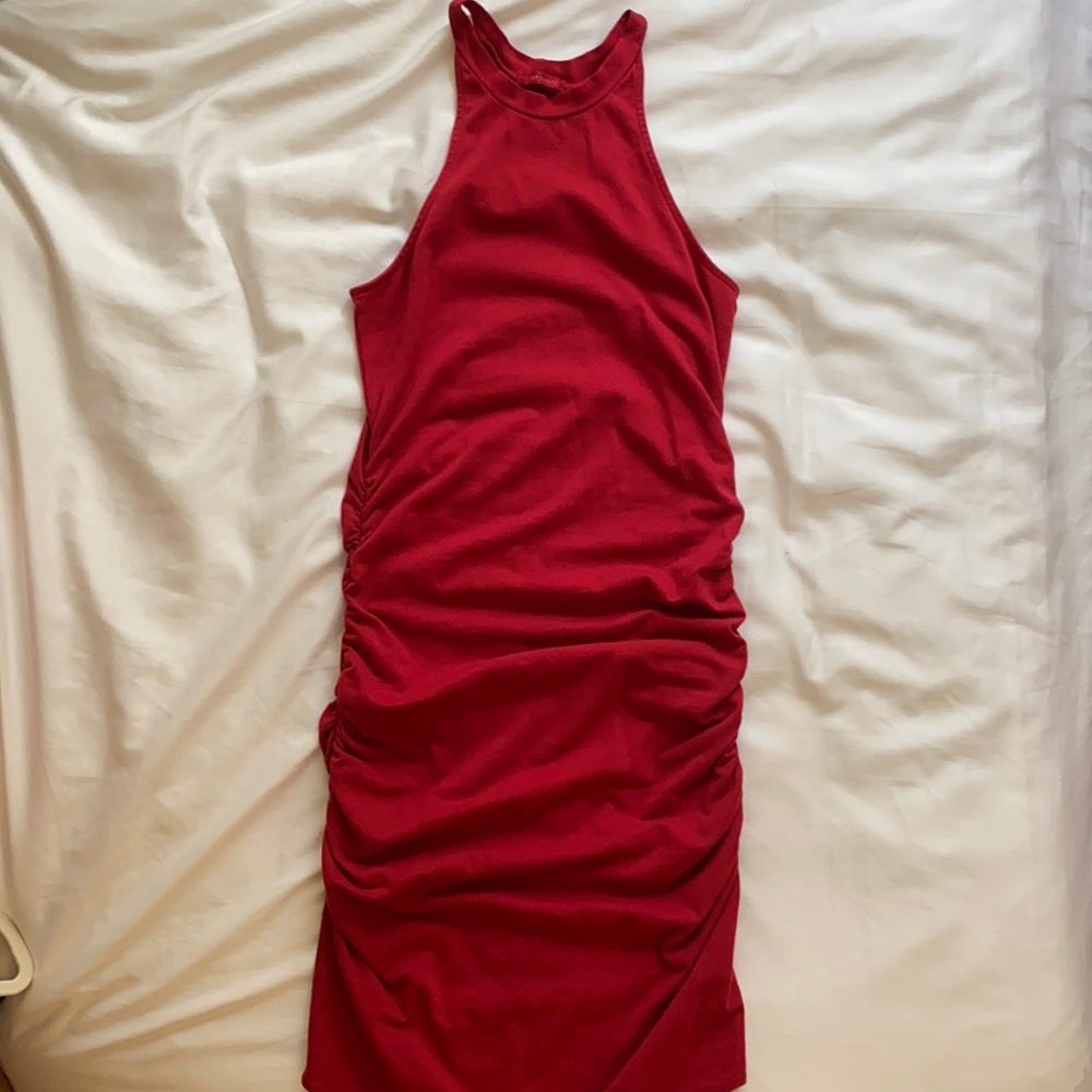 Gorgeous deep red high neckline ruched midi dress